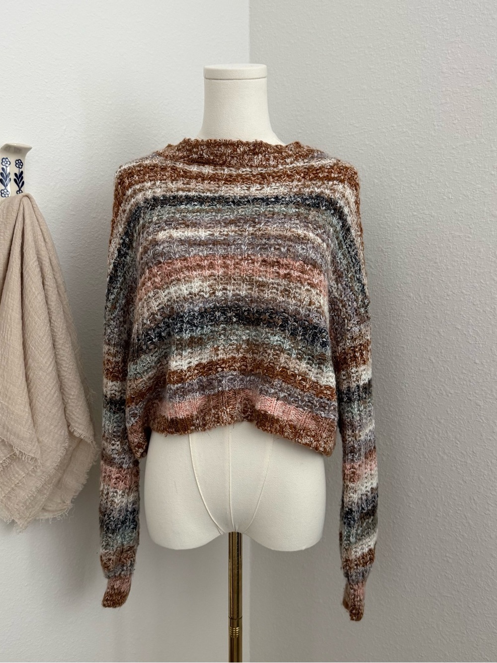 Sky and Sparrow Multicolor Striped Cropped Sweater Boho Cozy Knit